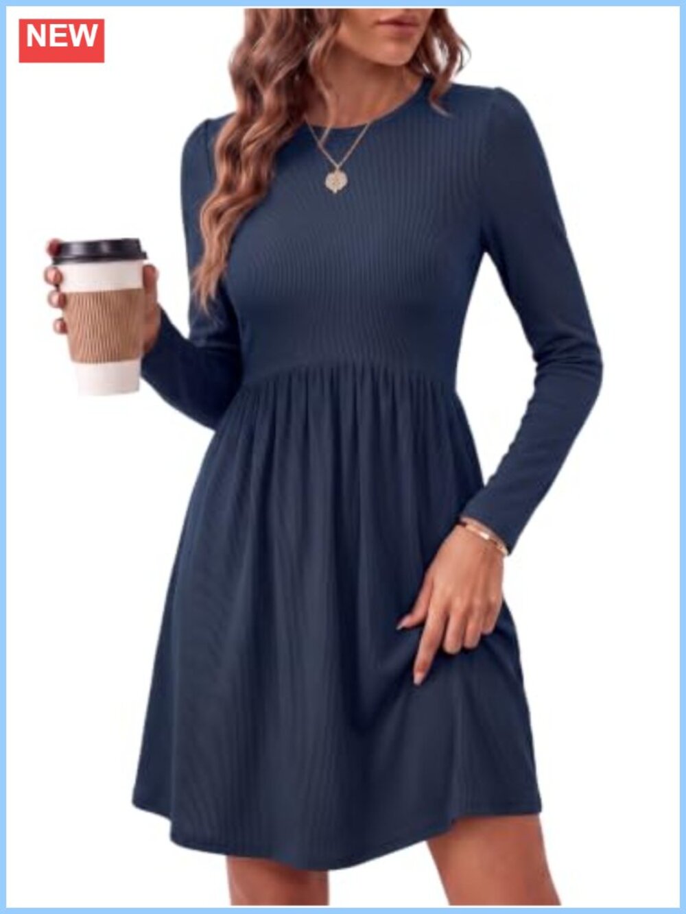 Womens Ribbed Knit Long Sleeve Mini Sweater Dress A-Line Crew Neck Pockets